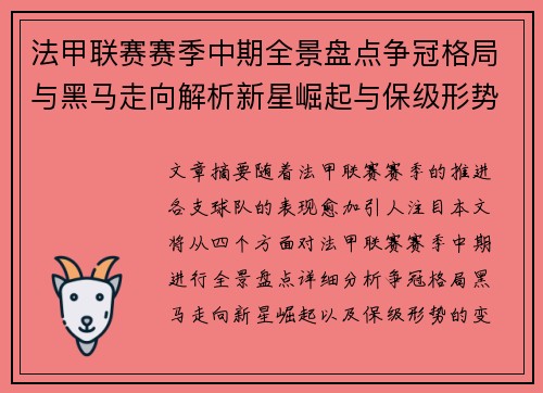法甲联赛赛季中期全景盘点争冠格局与黑马走向解析新星崛起与保级形势观察
