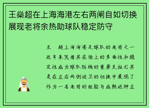 王燊超在上海海港左右两闸自如切换展现老将余热助球队稳定防守